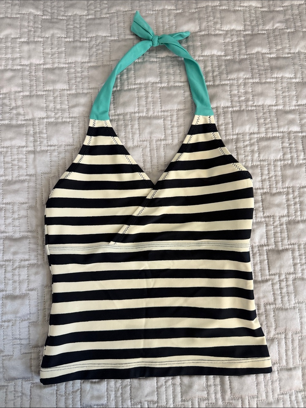 Girls Tea Black & Cream Striped Halter One-Piece with Teal Tie - Swim Material